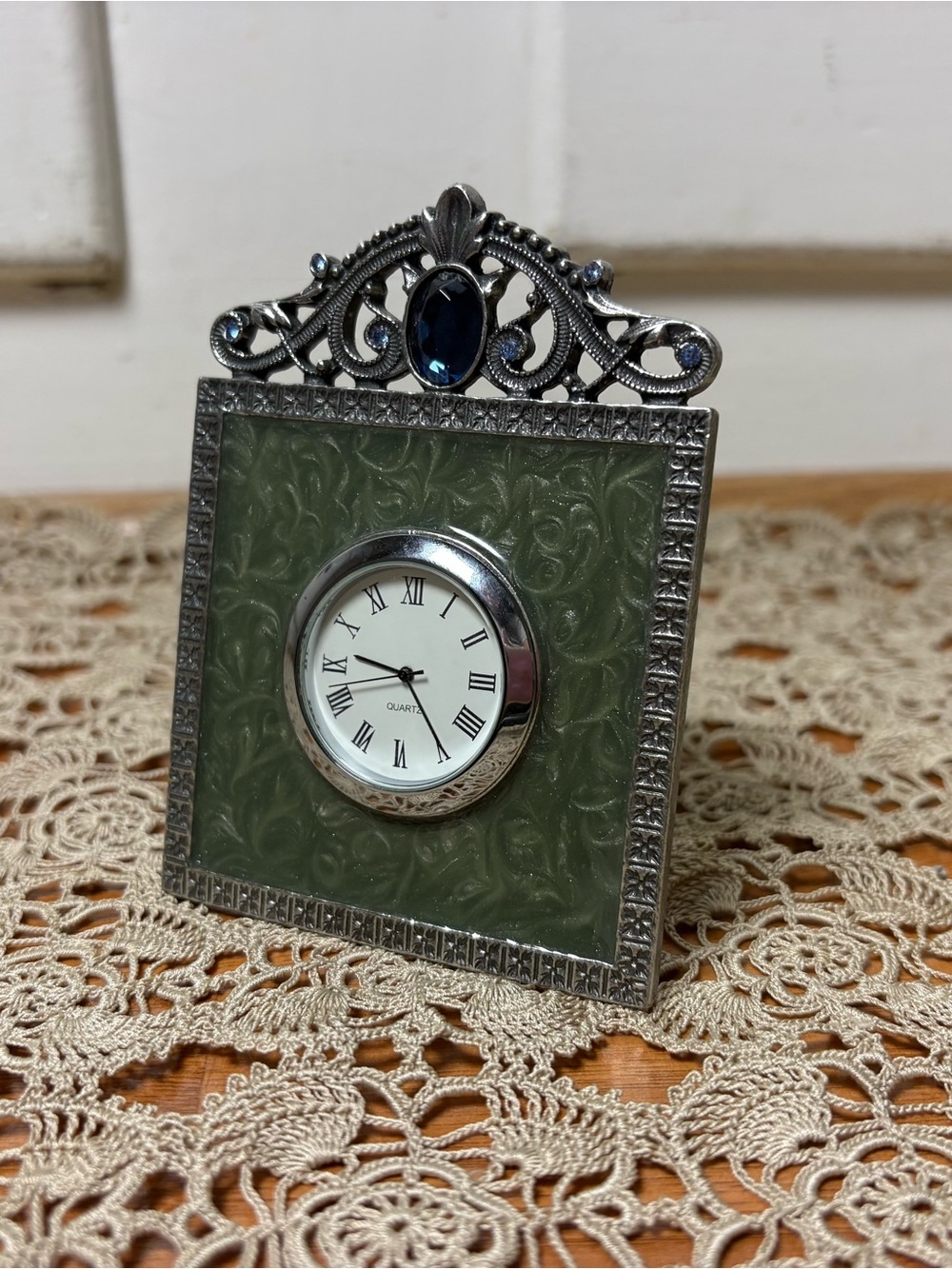 Vintage 90s/Y2K Quartz Desk Clock Pewter Enamel and Rhinestones